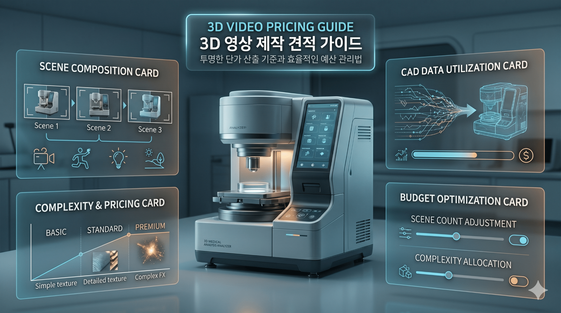 투명한 3D 영상 제작 견적 산출 과정과 예산 관리 방법을 시각화한 정밀 기기 렌더링 이미지.