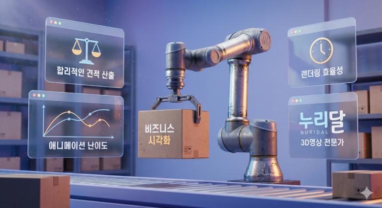 3D 영상 제작 견적과 비즈니스 시각화 과정을 설명하는 실사 풍의 산업용 로봇 팔 3D 렌더링 이미지