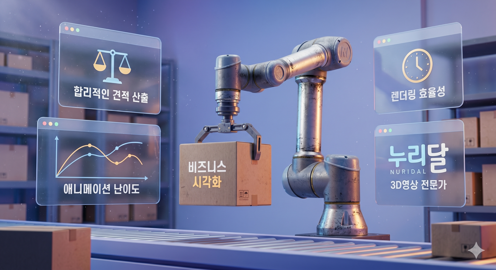 3D 영상 제작 견적과 비즈니스 시각화 과정을 설명하는 실사 풍의 산업용 로봇 팔 3D 렌더링 이미지